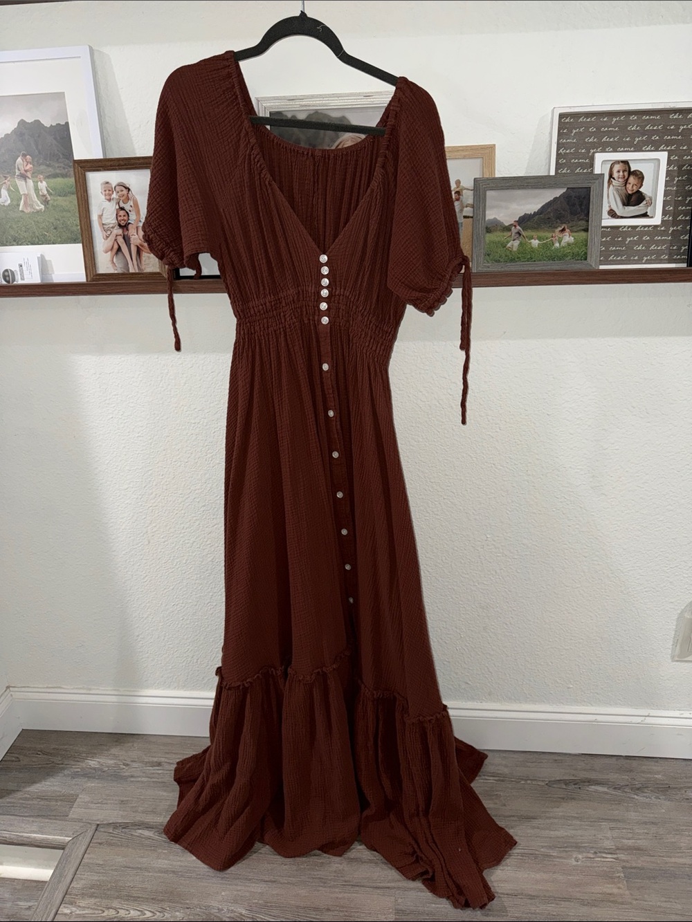 Brown Button-Front Maxi Dress with Puff Sleeves